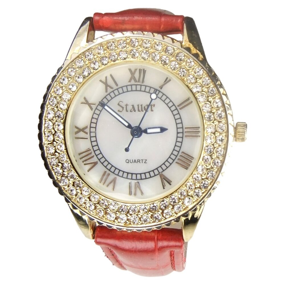STAUER Model 31526 Womens Mother of Pear Dial with Crystals - Red Leather Strap